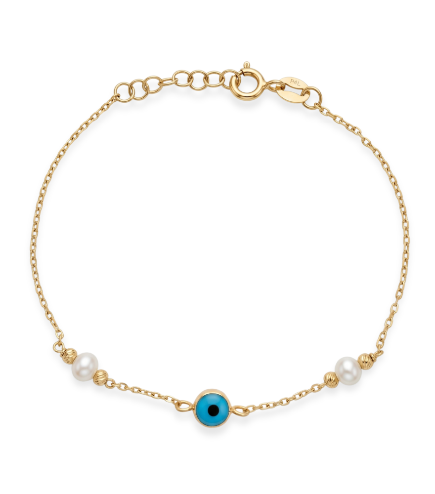 Front View of Evil Eye Baby Anklet in 18k Gold Adjustable Length Yellow with Hallmark Stamp 6 inches 1gms