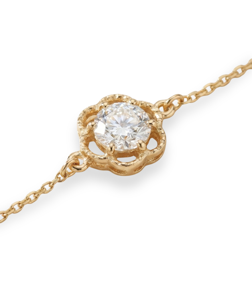 Closeup of Cosmos bracelet in 18k Gold Comfort Fit Yellow with Hallmark Stamp 7 inches 0.7gms