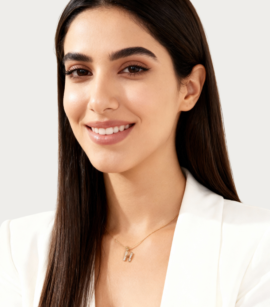 Alternate View of Model Wearing Letter 'H' Initials Pendant Necklace in 18k Gold Fixed Length Yellow with Hallmark Stamp Metal One Size 1.3gms