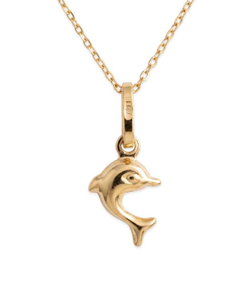 Front View of Golden Dolphin charm Pendant Necklace in 18k Gold Adjustable Length Yellow with Hallmark Stamp One Size 1.6gms