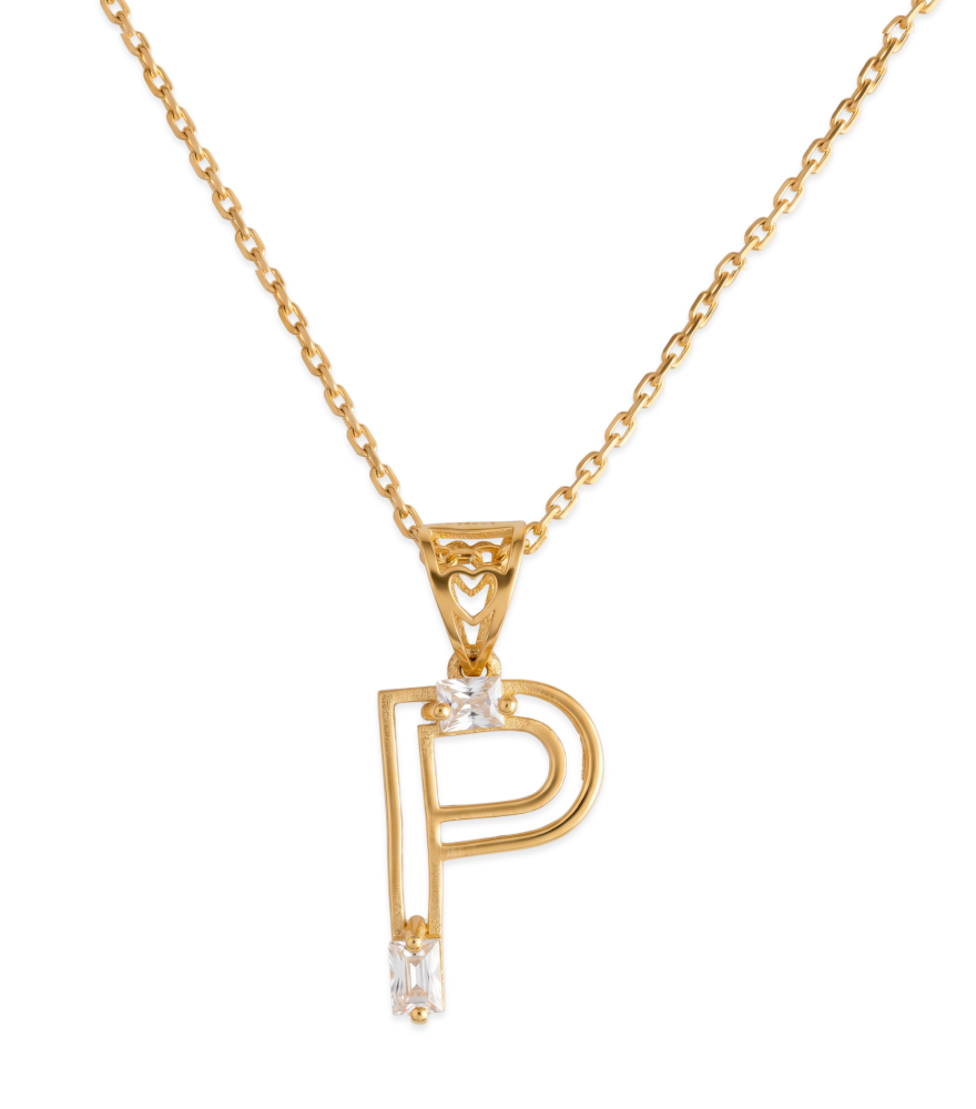 Front View of Letter 'P' Initials Pendant Necklace in 18k Gold Fixed Length Yellow with Hallmark Stamp Metal One Size 1.2gms