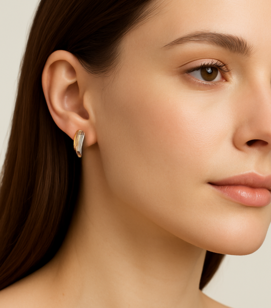 Model Wearing Luisa Hoop Earrings in 18k Gold Jewelry for Pierced Ears Yellow with Hallmark Stamp Metal One Size 1.2gms