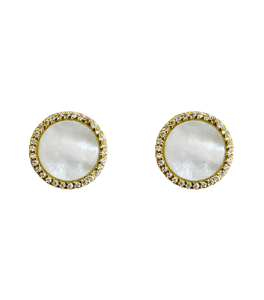 Front View of Zira Mother of Pearl Stud Earrings in 18k Gold Jewelry for Pierced Ears Yellow with Hallmark Stamp 1.6gms