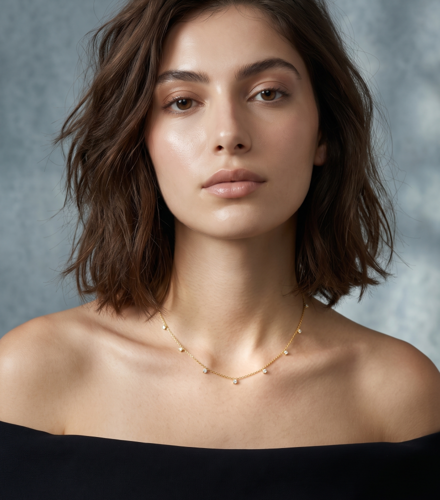 Model Wearing Starlight Charm Necklace in 18k Gold Adjustable Length Yellow with Hallmark Stamp Metal One Size 0.9gms