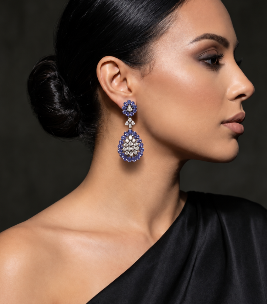 Alternate View of Model Wearing Veerali Dangle Earrings Jewelry for Pierced Ears 925 Sterling Silver One Size 30gms