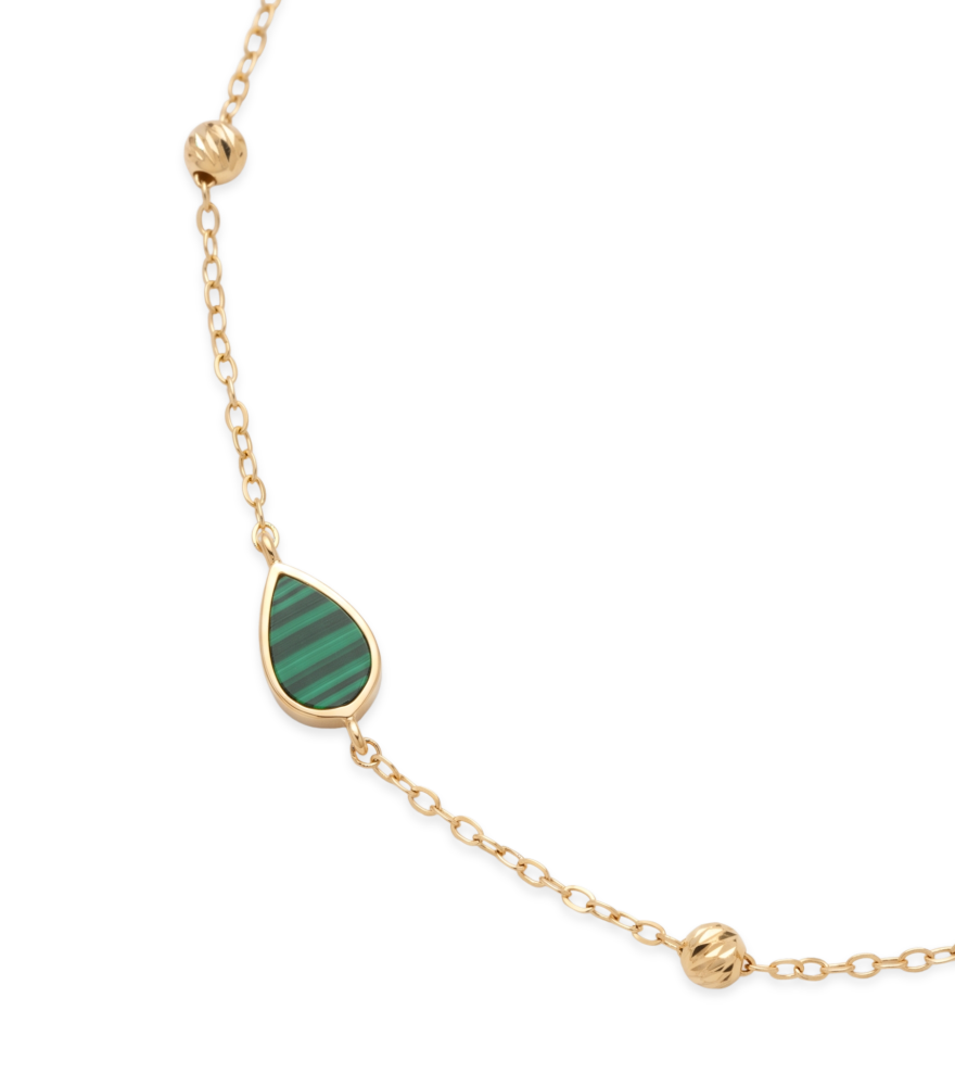 Closeup of Hala Malachite and Mother of Pearl Bracelet in 18k Gold Adjustable Length Yellow with Hallmark Stamp 7 inches 1gms