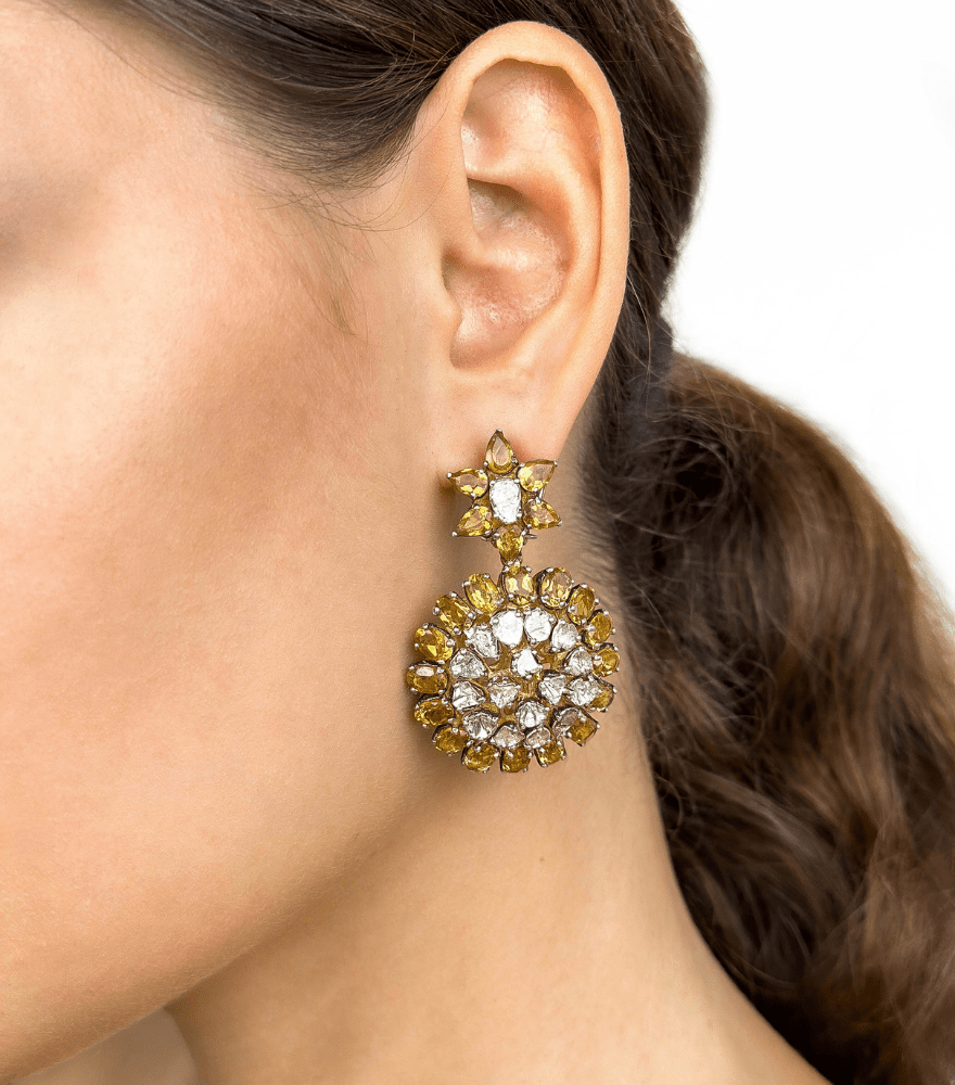 Kavya - Silver Earrings with Uncut Diamonds and Citrine