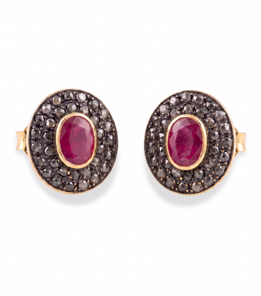 Front View of Nyra Diamond and Ruby Earrings in 18k Gold Plated Sterling Silver Jewelry for Pierced Ears 925 One Size 6.3gms