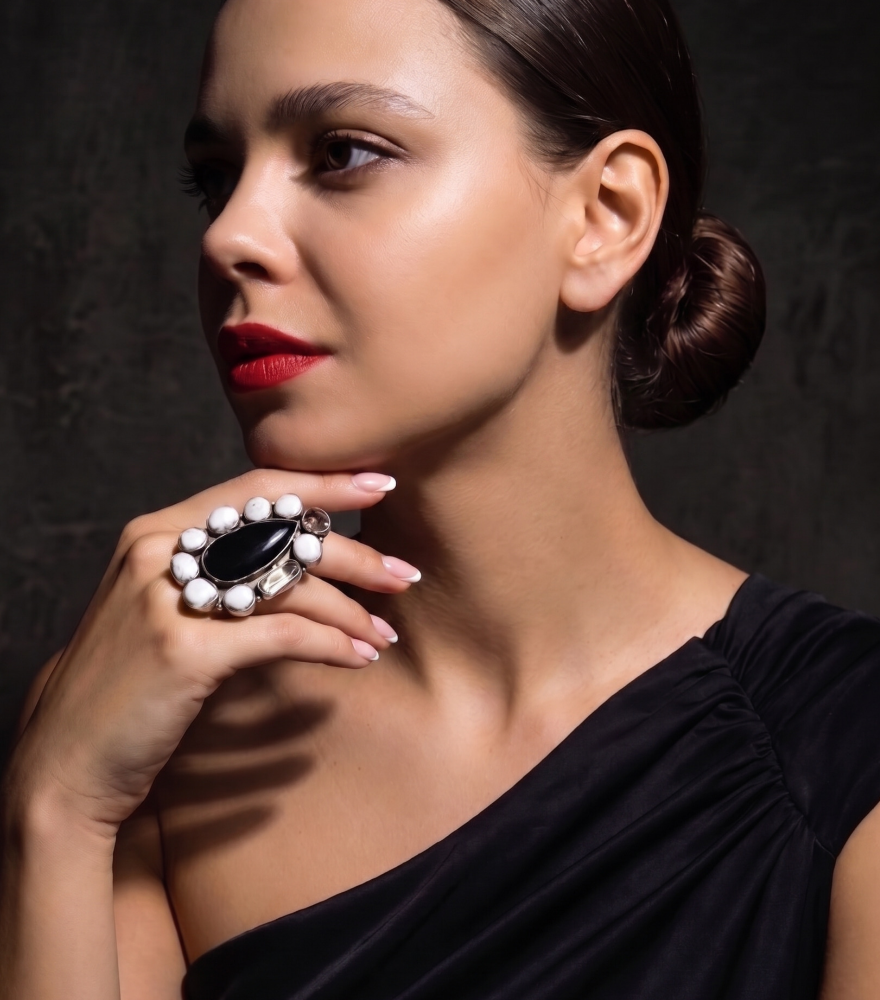 Alternate View of Model Wearing Nayana Ring in Sterling Silver Comfort Fit 925 Metal Stone 6 mm 33.7gms