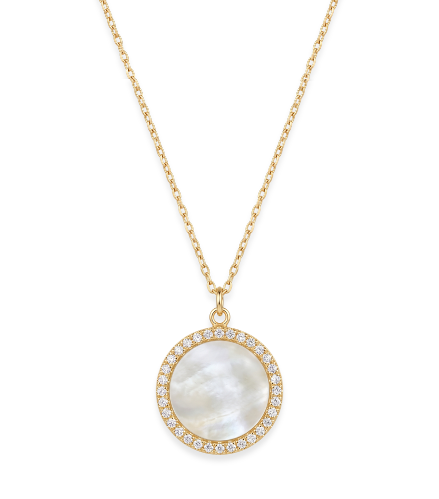 Front View of Zira Mother of Pearl Pendant Necklace Comfort Fit 18k Yellow Gold with Hallmark Stamp 16 inches 1.3gms