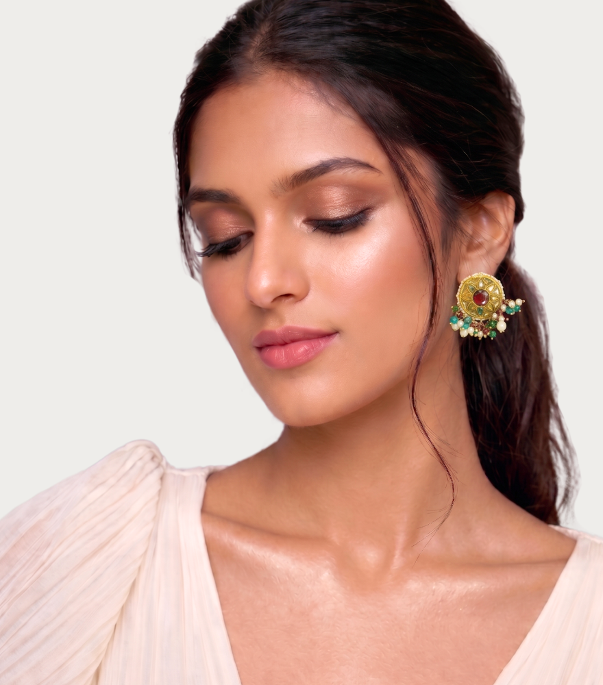 Alternate View of Model Wearing Tanishka Unut Polki Earrings in Gold Jewelry for Pierced Ears 18k Yellow with Hallmark Stamp Metal Stone One Size 21.3gms