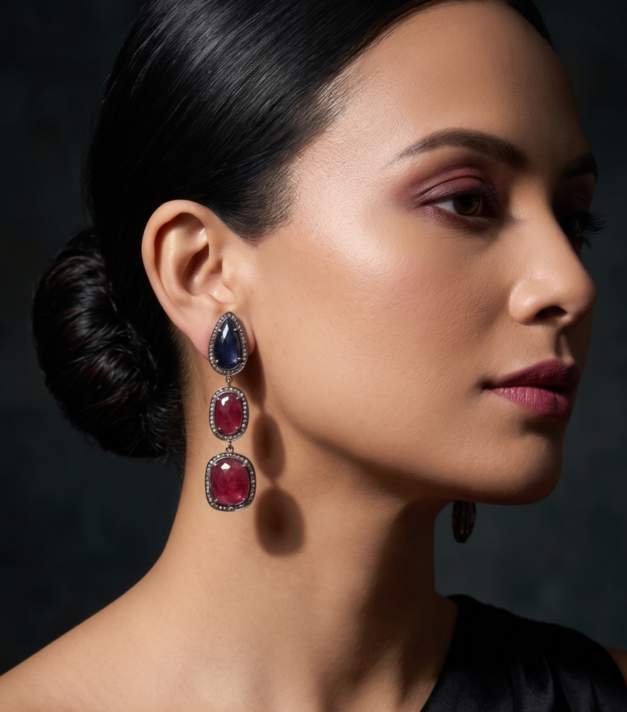 Model Wearing Vamika Gold-Plated Silver Earrings with Diamonds Rubies & Sapphire Jewelry for Pierced Ears 18k Gold Plated 925 Sterling Metal Stone One Size 19.9gms