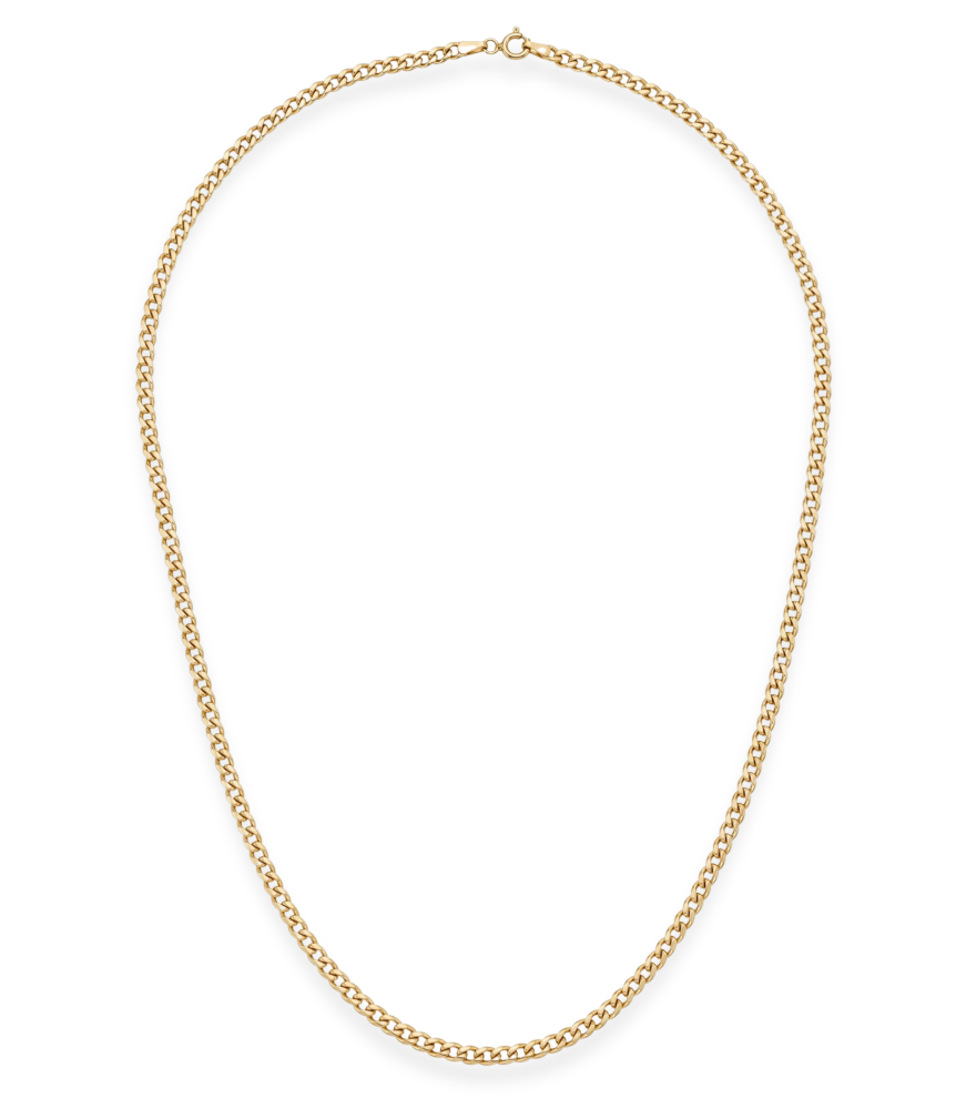 Front View of Cuban Luxe Chain Necklace in 18k Gold Fixed Length Yellow with Hallmark Stamp 17 inches 3.6gms