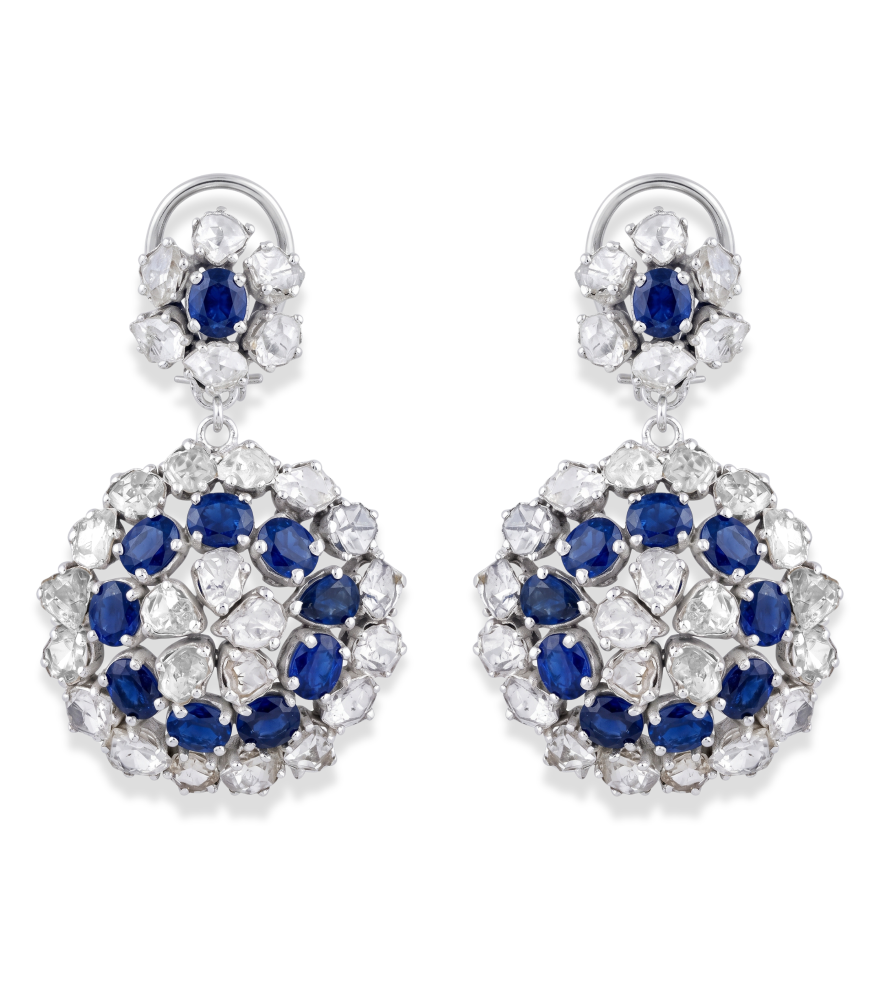 Front View of Riya Polki & Blue Sapphire Detachable Silver Earrings Jewelry for Pierced Ears 925 Sterling Metal One Size 11.91gms