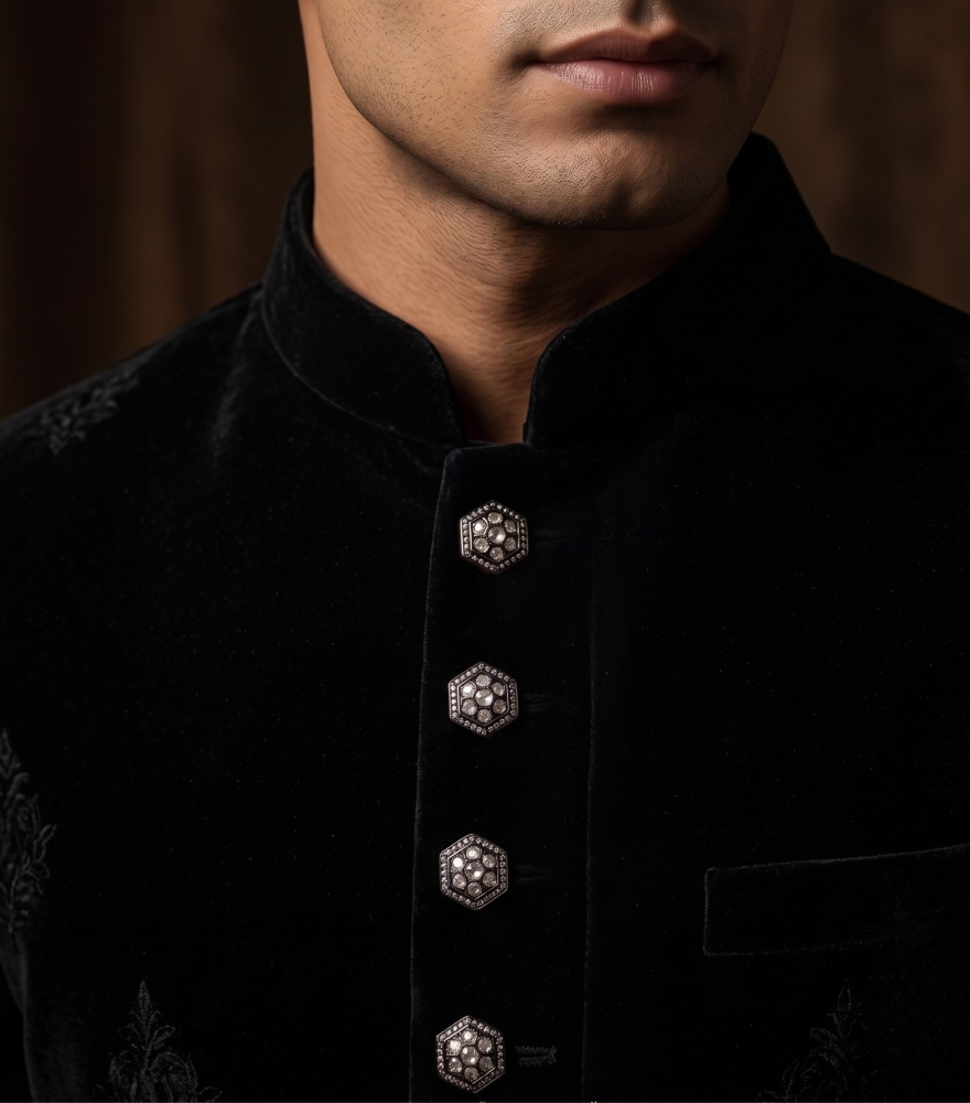 Model Wearing Tara Antique finish Buttons in Sterling Silver Fixed Length 18k Gold Plated 925 One Size 24.2gms