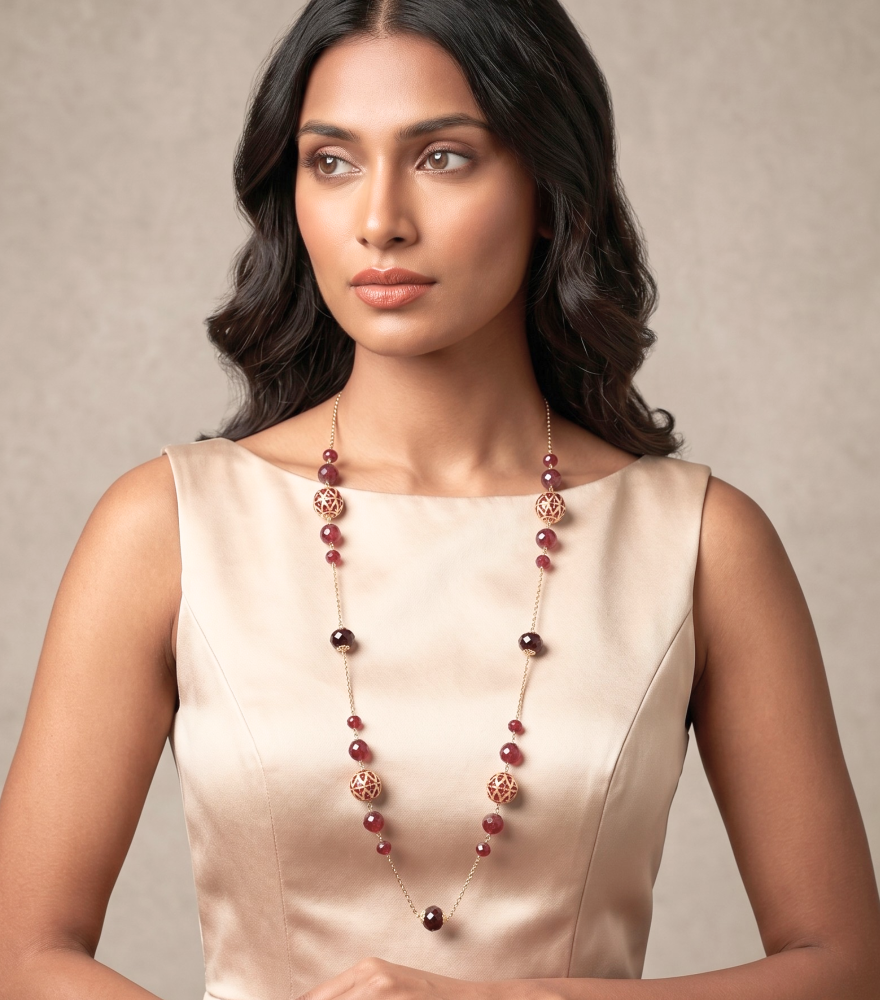 Alternate View of Model Wearing Tanvi Pearl and Enamel Necklace in 18k Gold Comfort Fit Yellow with Hallmark Stamp Metal One Size 32.9gms
