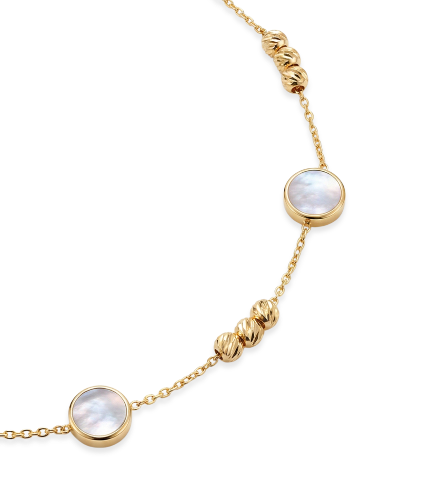 Closeup of Nisa Mother of Pearl Bracelet in 18K Gold Adjustable Length 18k Yellow with Hallmark Stamp One Size 1.4gms