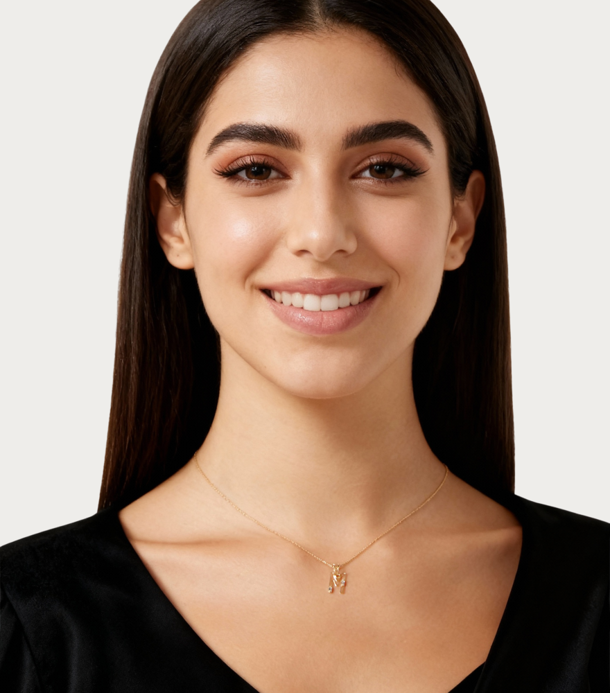 Alternate View of Model Wearing Letter 'M' Initials Pendant Necklace in 18k Gold Fixed Length Yellow with Hallmark Stamp Metal One Size 1.3gms