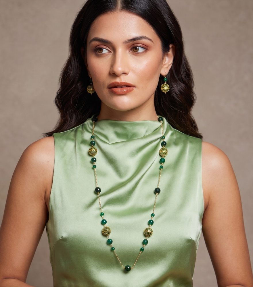 Alternate View of Model Wearing Anika Pearl and Enamel Necklace in 18k Gold-Green Comfort Fit Yellow Gold with Hallmark Stamp Metal One Size