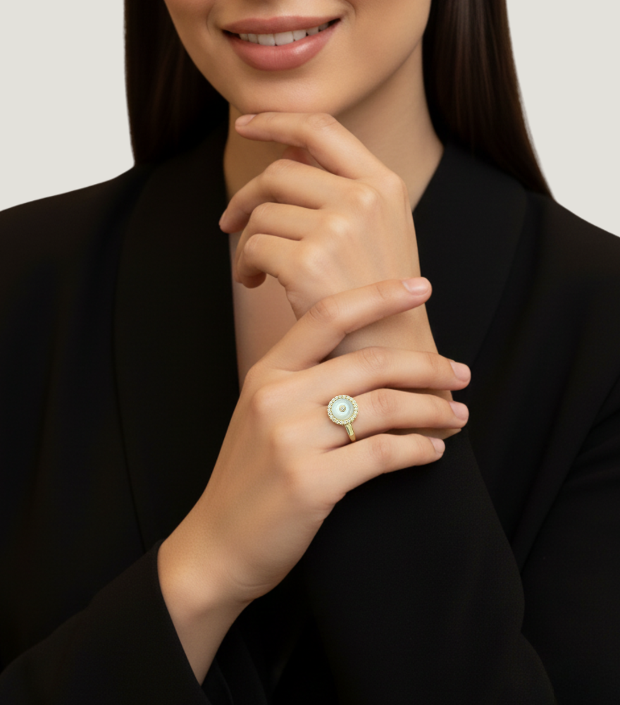 Model Wearing Celestia Pearl Ring in 18K Gold Comfort Fit 18k Yellow with Hallmark Stamp One Size 3.2gms