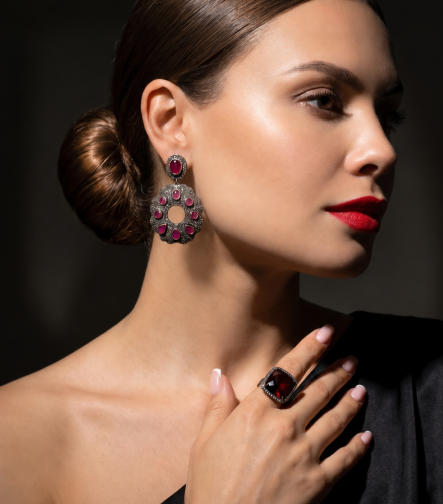 Alternate View of Model Wearing Nitya Earrings in Antique Silver Jewelry for Pierced Ears 18k Gold Plated 925 Sterling One Size 36.5gms