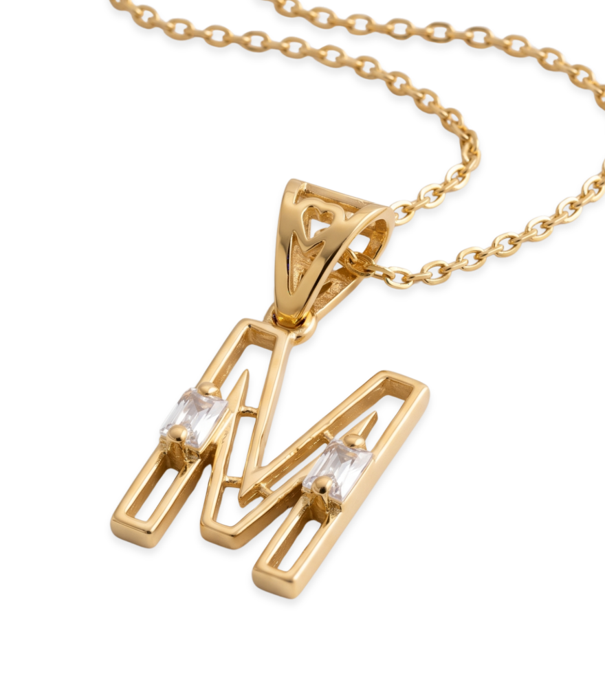 Closeup of Letter 'M' Initials Pendant Necklace in 18k Gold Fixed Length Yellow with Hallmark Stamp Metal One Size 1.3gms