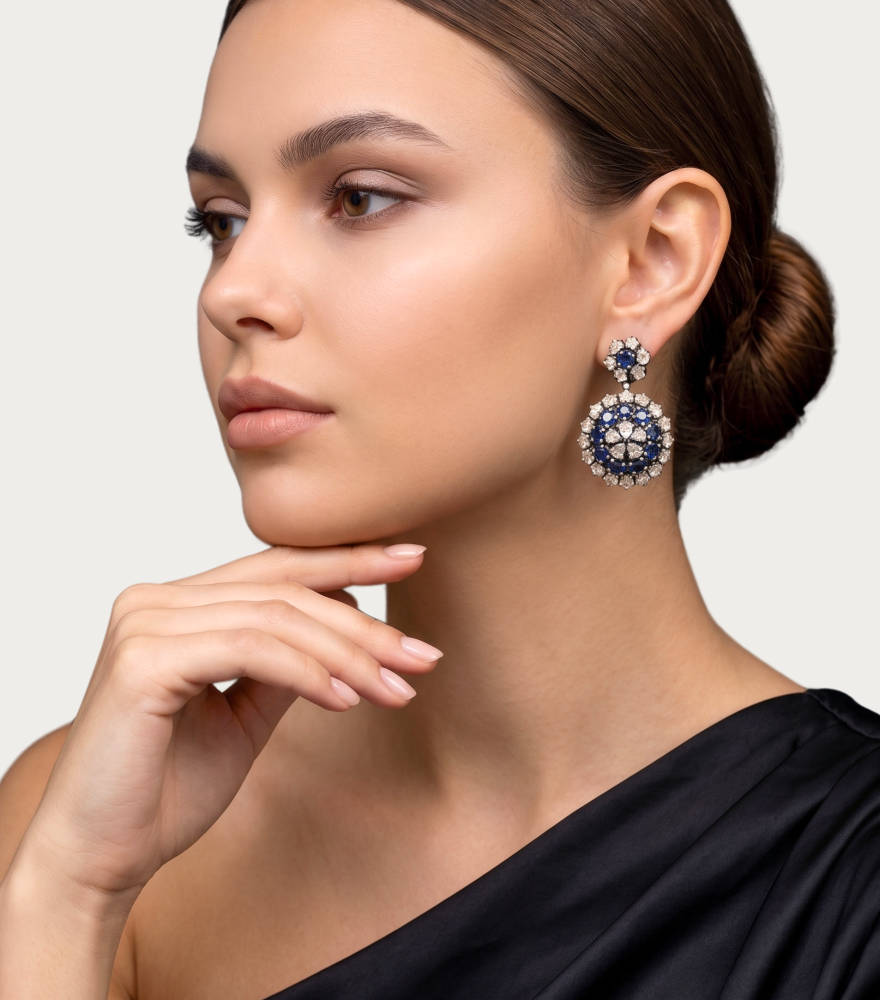 Model Wearing Riya Polki & Blue Sapphire Detachable Silver Earrings Jewelry for Pierced Ears 925 Sterling Metal One Size 11.91gms