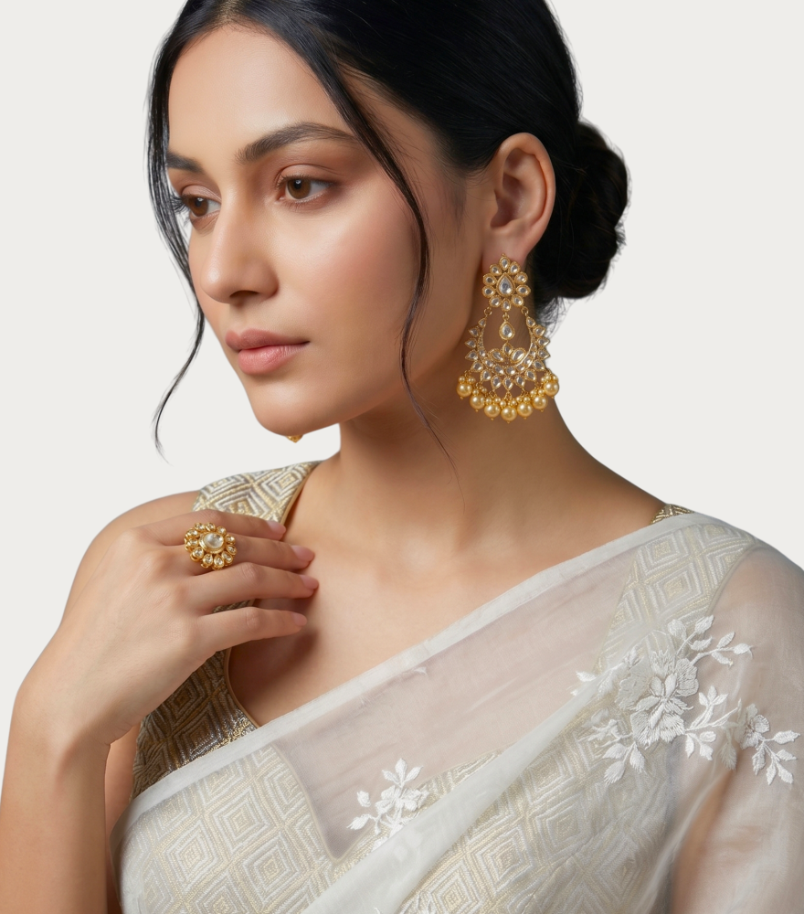 Model Wearing Rajkumari Chandbali Uncut Diamond Earrings in 18k Gold Jewelry for Pierced Ears Yellow with Hallmark Stamp Metal One Size 46.25gms