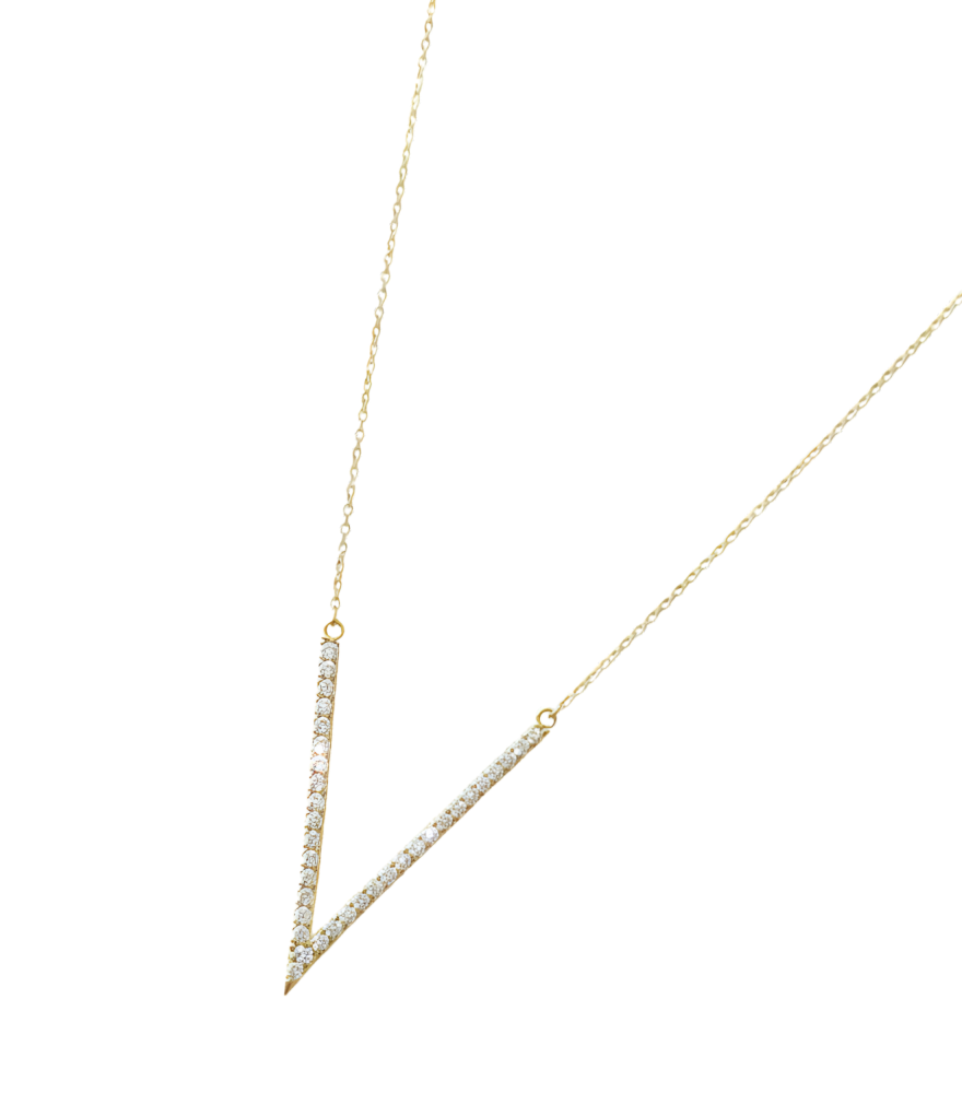 Closeup of Valeria V Necklace in 18k Gold Comfort Fit Yellow with Hallmark Stamp 16 inches 1.3gms