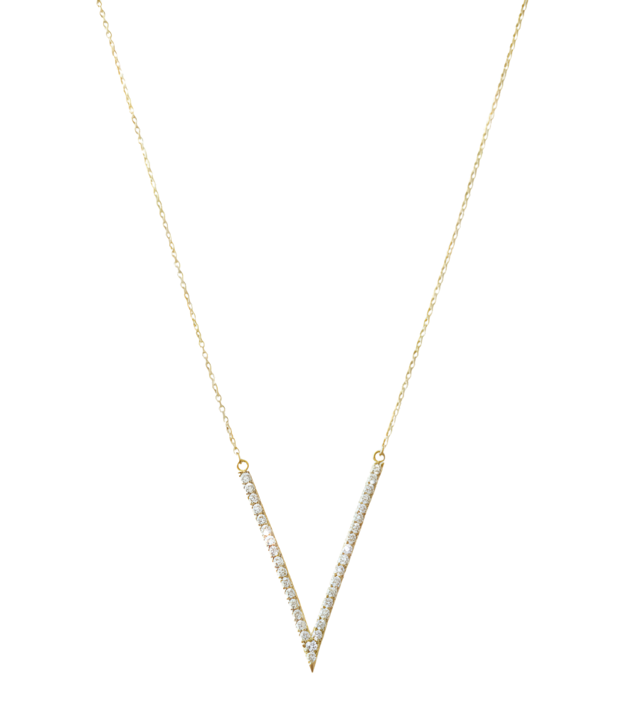 Front View of Valeria V Necklace in 18k Gold Comfort Fit Yellow with Hallmark Stamp 16 inches 1.3gms