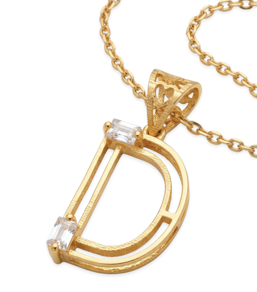 Closeup of Letter 'D' Initials Pendant Necklace in 18k Gold Fixed Length Yellow with Hallmark Stamp Metal One Size 1.2gms