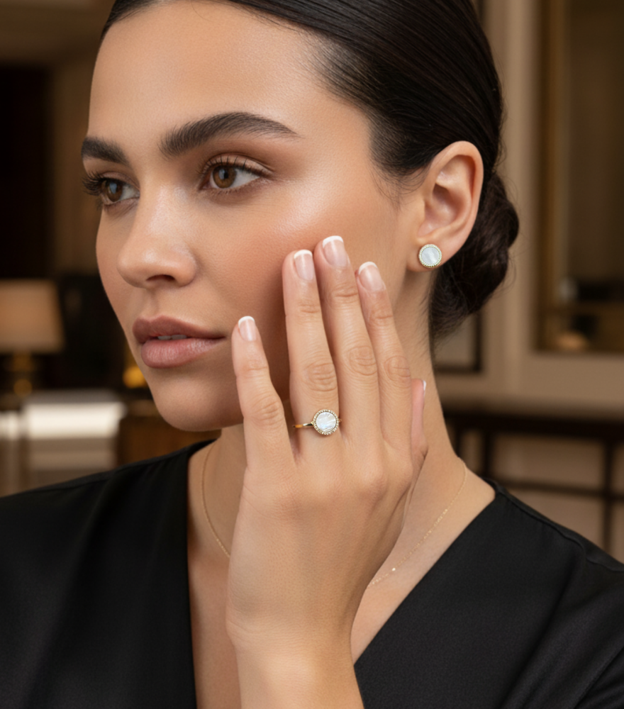 Model Wearing Zira Mother of Pearl Open Ring in Solid 18k Gold- Adjustable Fine Gold For Women Comfort Fit Yellow with Hallmark Stamp 1.4gms