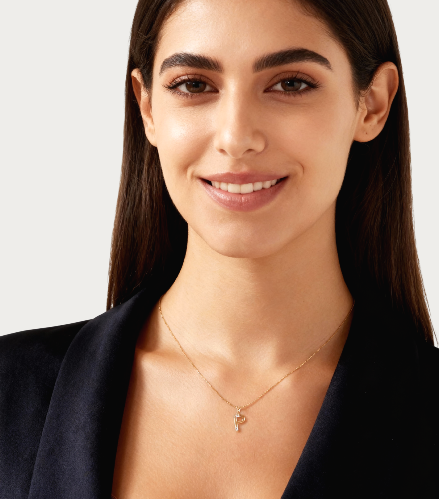 Alternate View of Model Wearing Letter 'P' Initials Pendant Necklace in 18k Gold Fixed Length Yellow with Hallmark Stamp Metal One Size 1.2gms