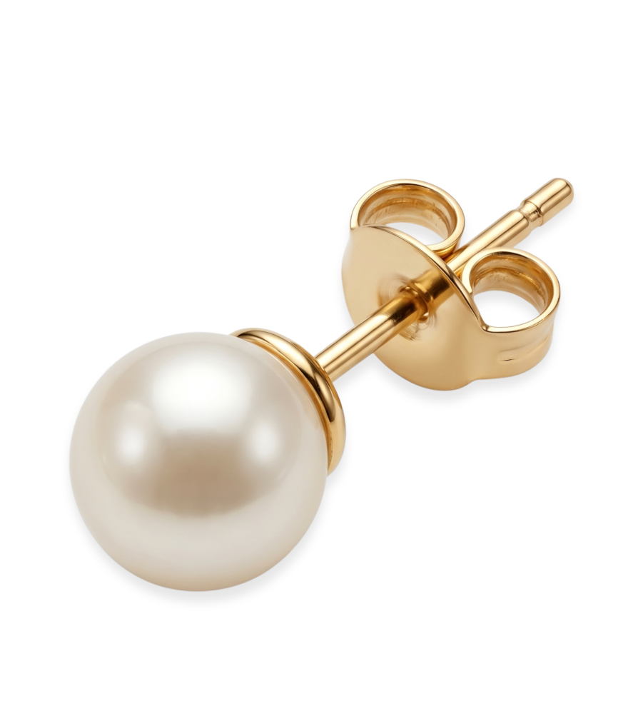Closeup of Aurora Pearl Stud earrings in 18k gold Jewelry for Pierced Ears Yellow Gold with Hallmark Stamp One Size 1.2gms