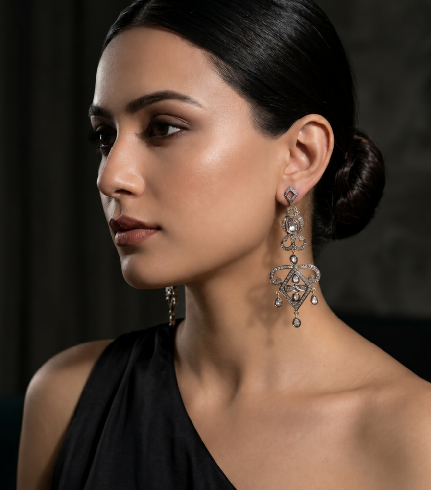 Alternate View of Model Wearing Rina Dangle Earrings Jewelry for Pierced Ears 18k Gold Plated 925 Sterling Silver One Size 23.4gms