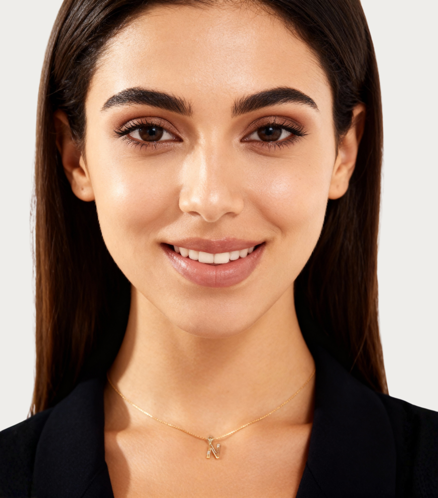 Alternate View of Model Wearing Letter 'N' Initials Pendant Necklace in 18k Gold Fixed Length Yellow with Hallmark Stamp Metal One Size 1.3gms