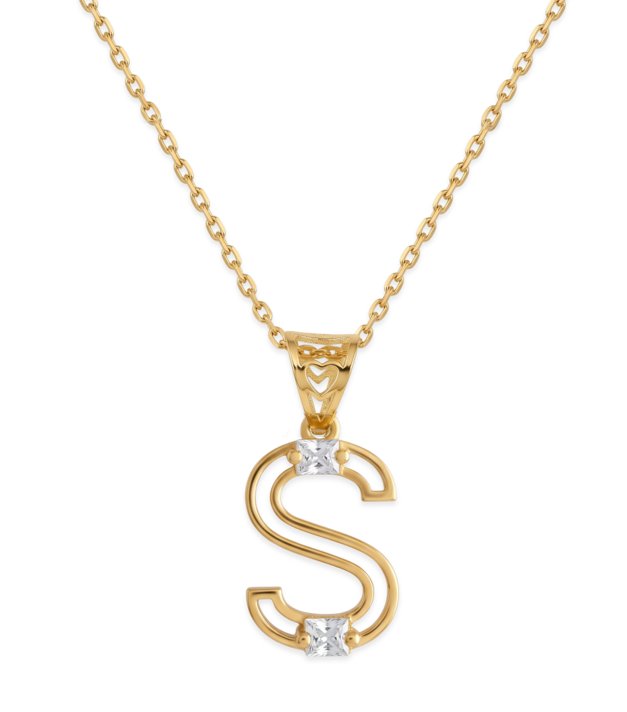 Front View of Letter 'S' Initials Pendant Necklace in 18k Gold Fixed Length Yellow with Hallmark Stamp Metal One Size 1.3gms
