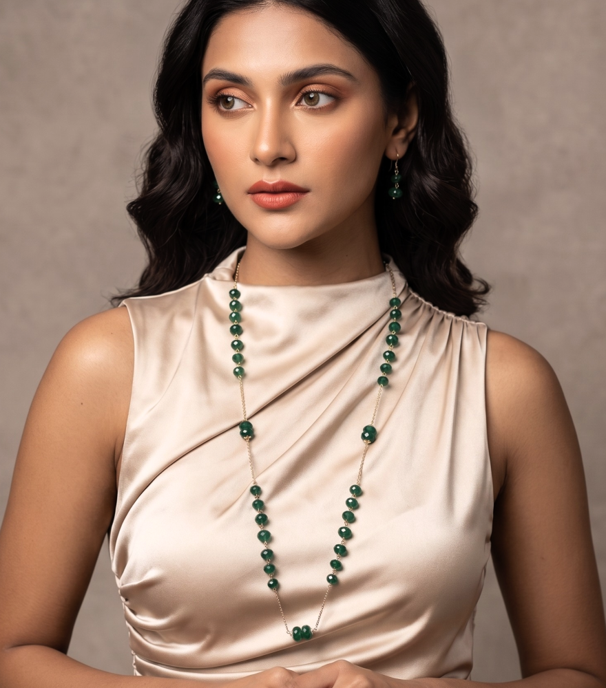 Model Wearing Alia Necklace in 18k Gold Fixed Length Yellow with Hallmark Stamp Metal One Size 36gms