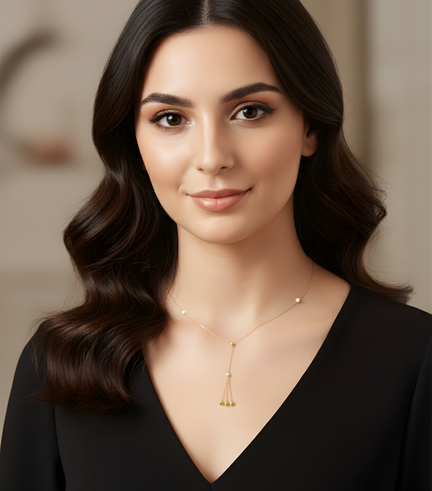 Model Wearing Elise Lariat Necklace in 18k Gold Comfort Fit Yellow with Hallmark Stamp 18 inches 1.6gms