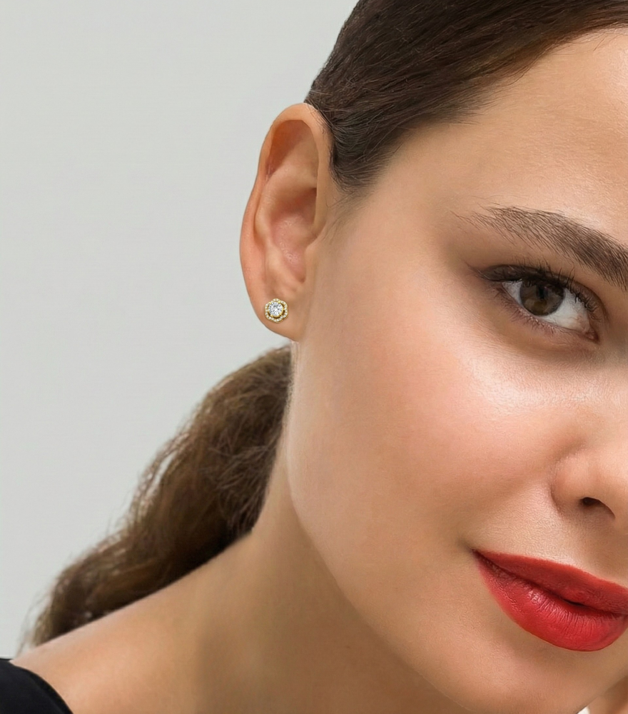 Model Wearing Cosmos Stud Earrings in 18k Gold Jewelry for Pierced Ears Yellow with Hallmark Stamp One Size 0.8gms