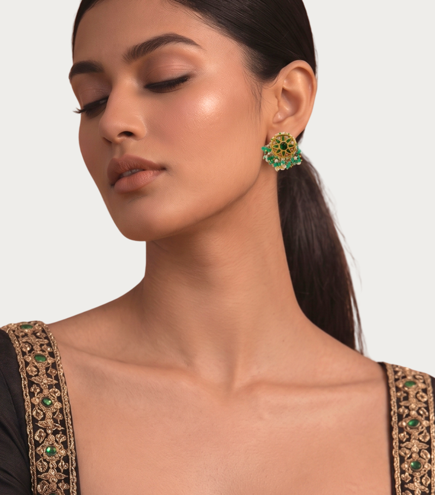 Alternate View of Model Wearing Shreya Uncut Polki Earrings in Gold Jewelry for Pierced Ears 18k Yellow with Hallmark Stamp Metal Stone One Size 26.2gms
