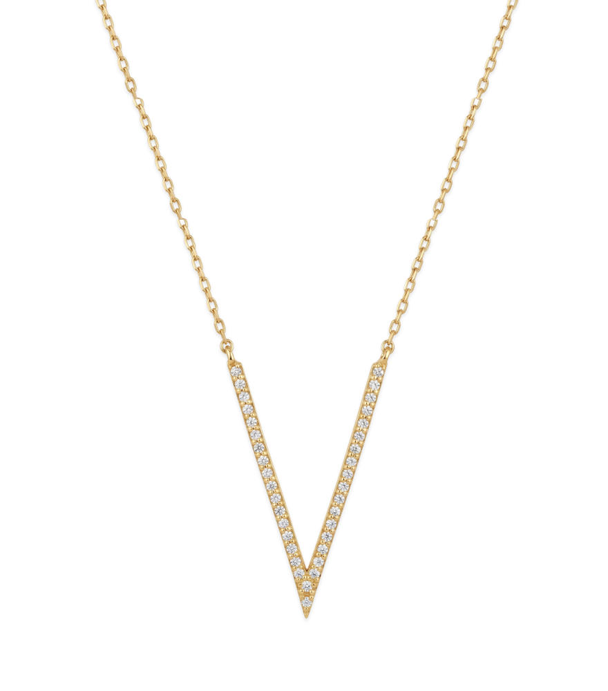 Front View of Valeria V Necklace in 18k Gold Comfort Fit Yellow with Hallmark Stamp 16 inches 1.3gms
