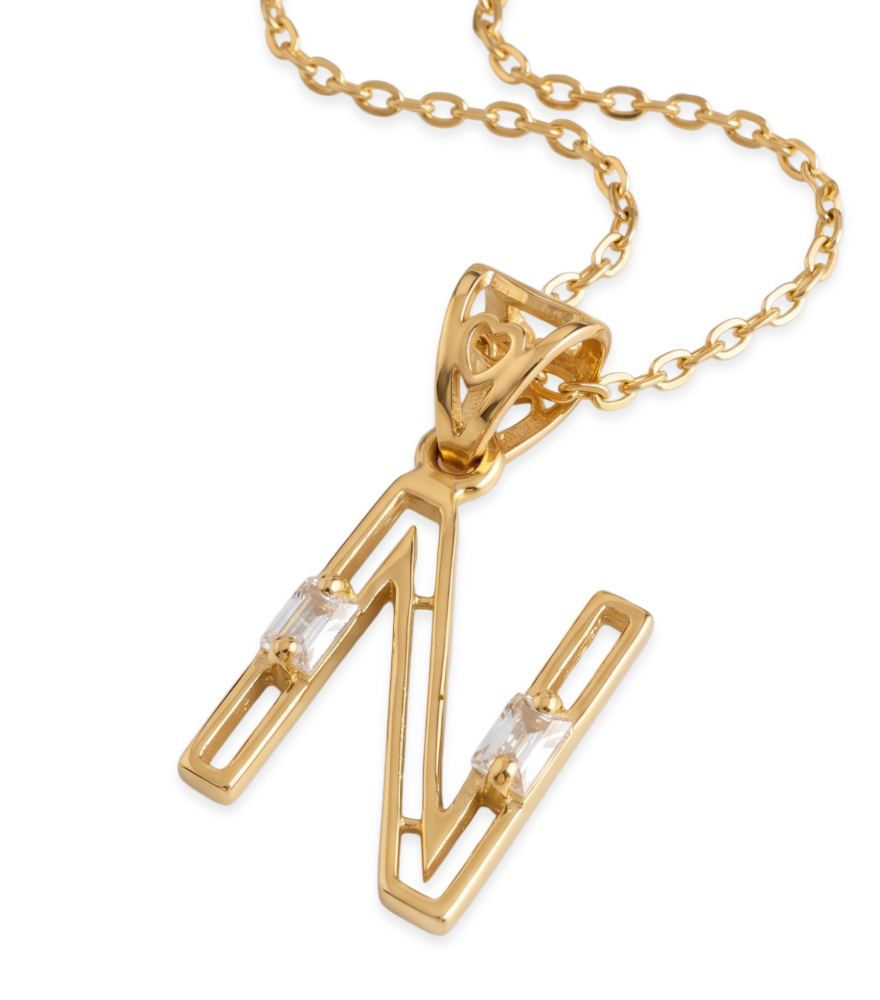 Closeup of Letter 'N' Initials Pendant Necklace in 18k Gold Fixed Length Yellow with Hallmark Stamp Metal One Size 1.3gms