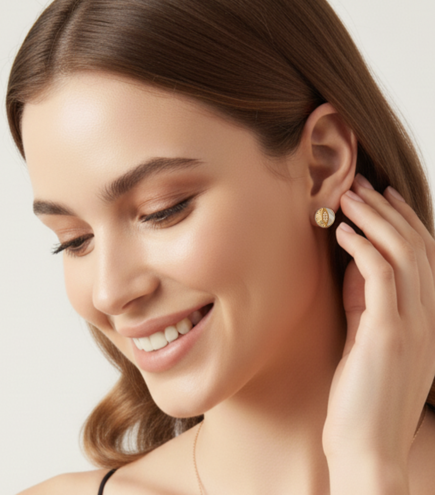 Model Wearing Riva Stud Earrings in 18k Gold Jewelry for Pierced Ears Yellow with Hallmark Stamp One Size 1.4gms