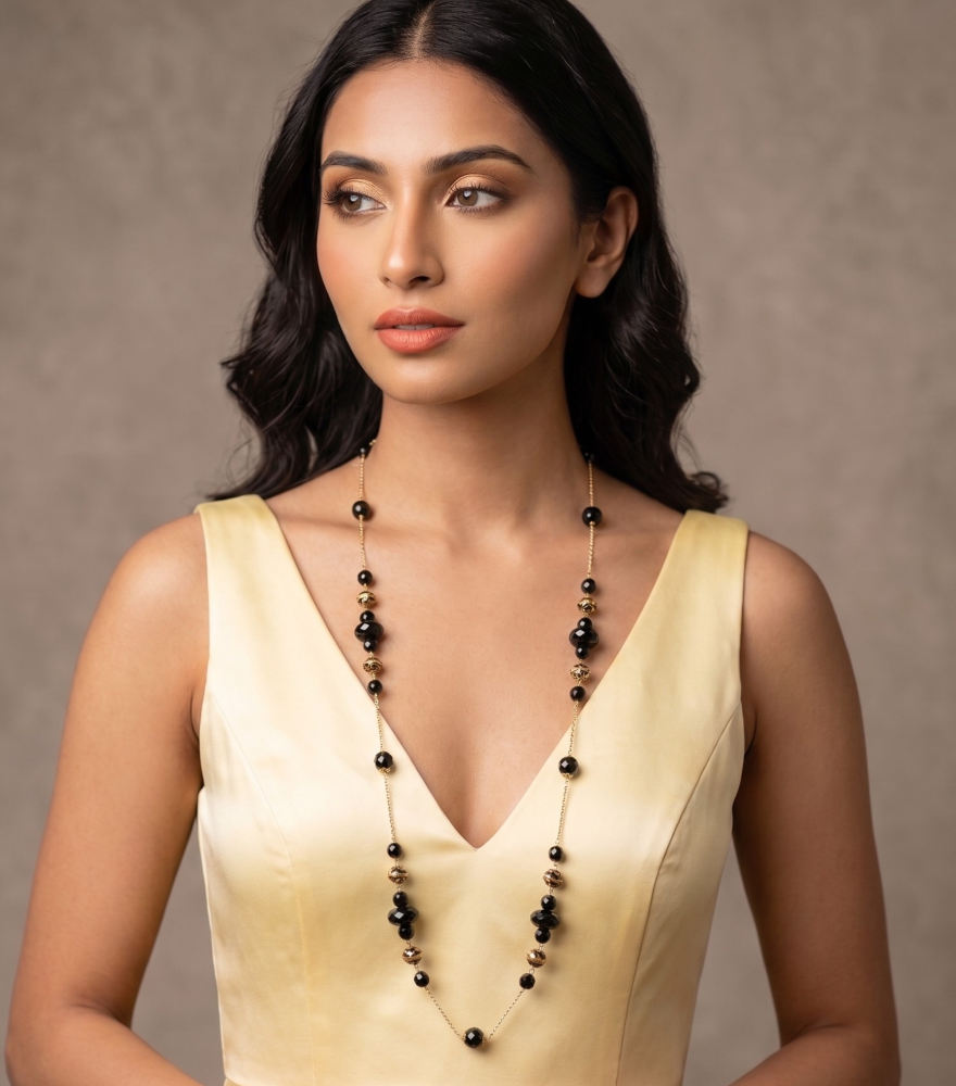 Model Wearing Ridhima Chalcedony Necklace in 18k Gold Plated Sterling Silver Fixed Length Yellow with Hallmark Stamp Metal One Size 37.5gms