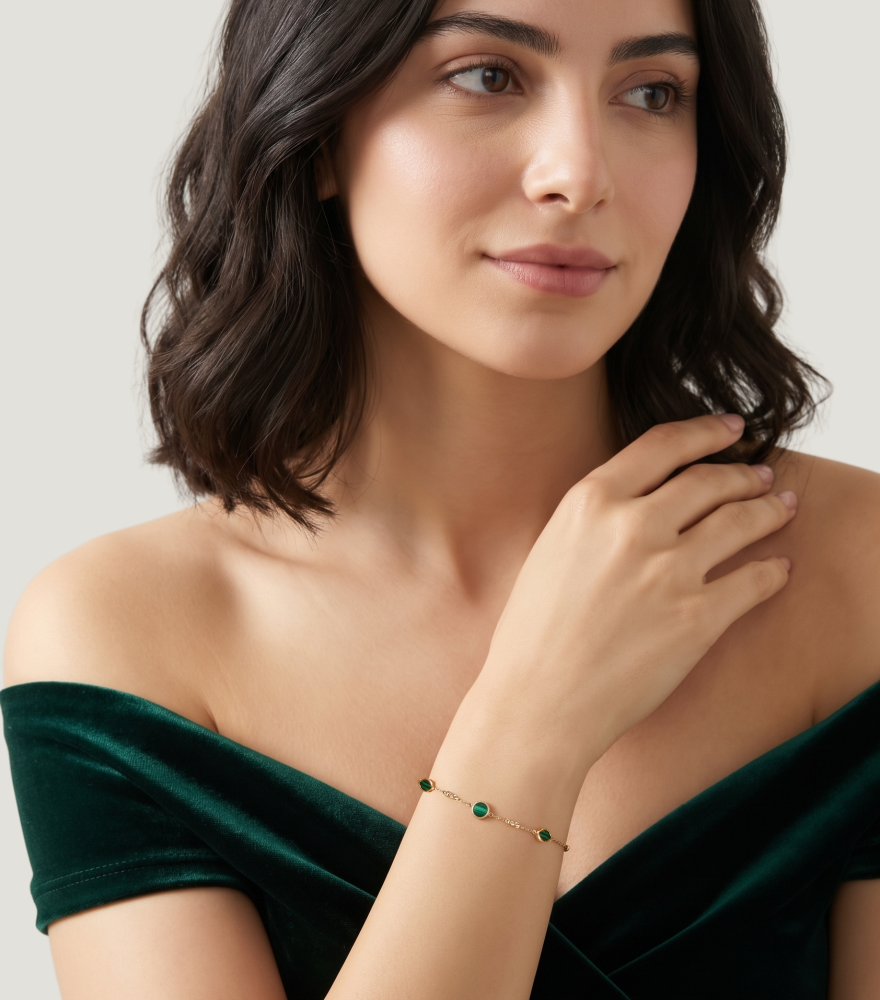 Alternate View of Model Wearing Hala Malachite Bracelet in 18K Gold Adjustable Length 18k Yellow with Hallmark Stamp 7 inches 1.3gms