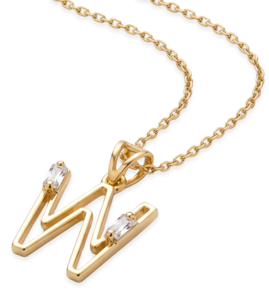 Closeup of Letter 'W' Initials Pendant Necklace in 18k Gold Fixed Length Yellow with Hallmark Stamp Metal One Size 1.2gms