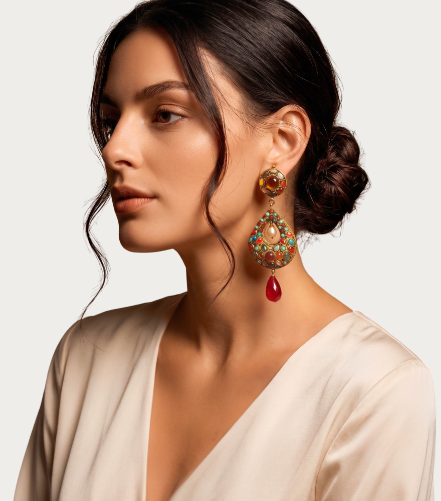 Model Wearing Navika Reversible Earrings in 18k Gold Jewelry for Pierced Ears Yellow with Hallmark Stamp Metal Stone One Size 46.4gms