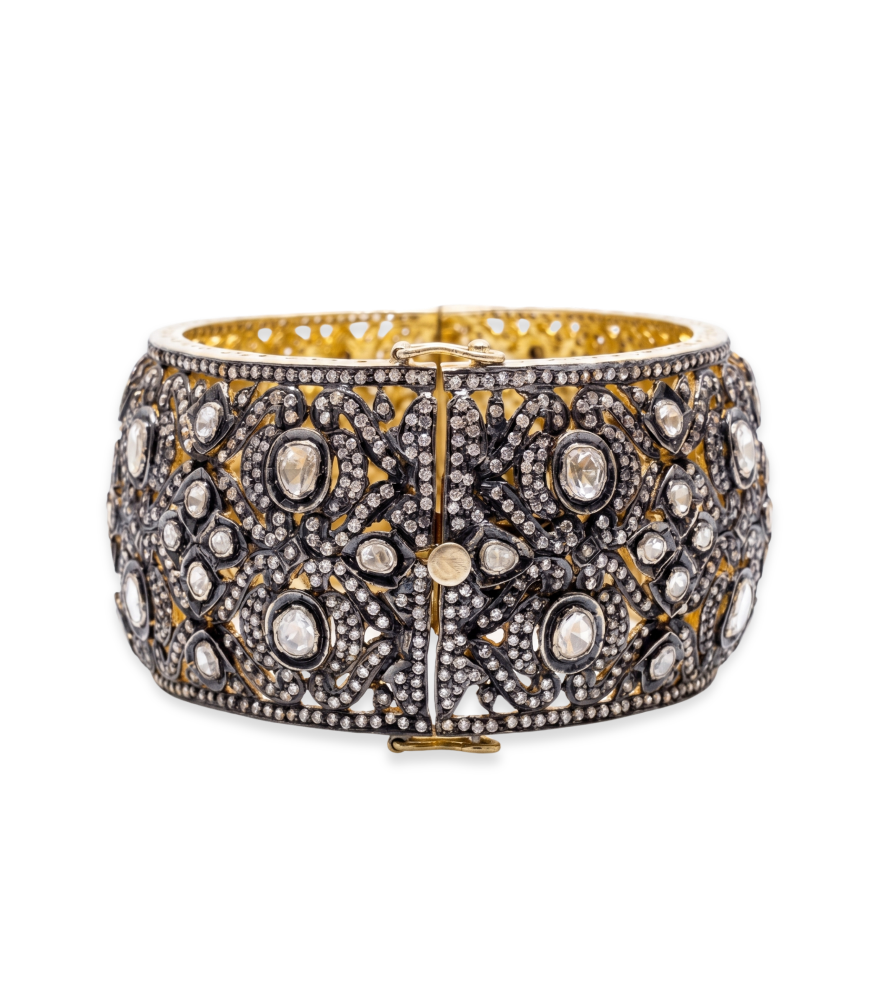 Front View of Bina Cuff in Sterling Silver Comfort Fit 18k Gold Plated 925 One Size 104.3gms Yellow
