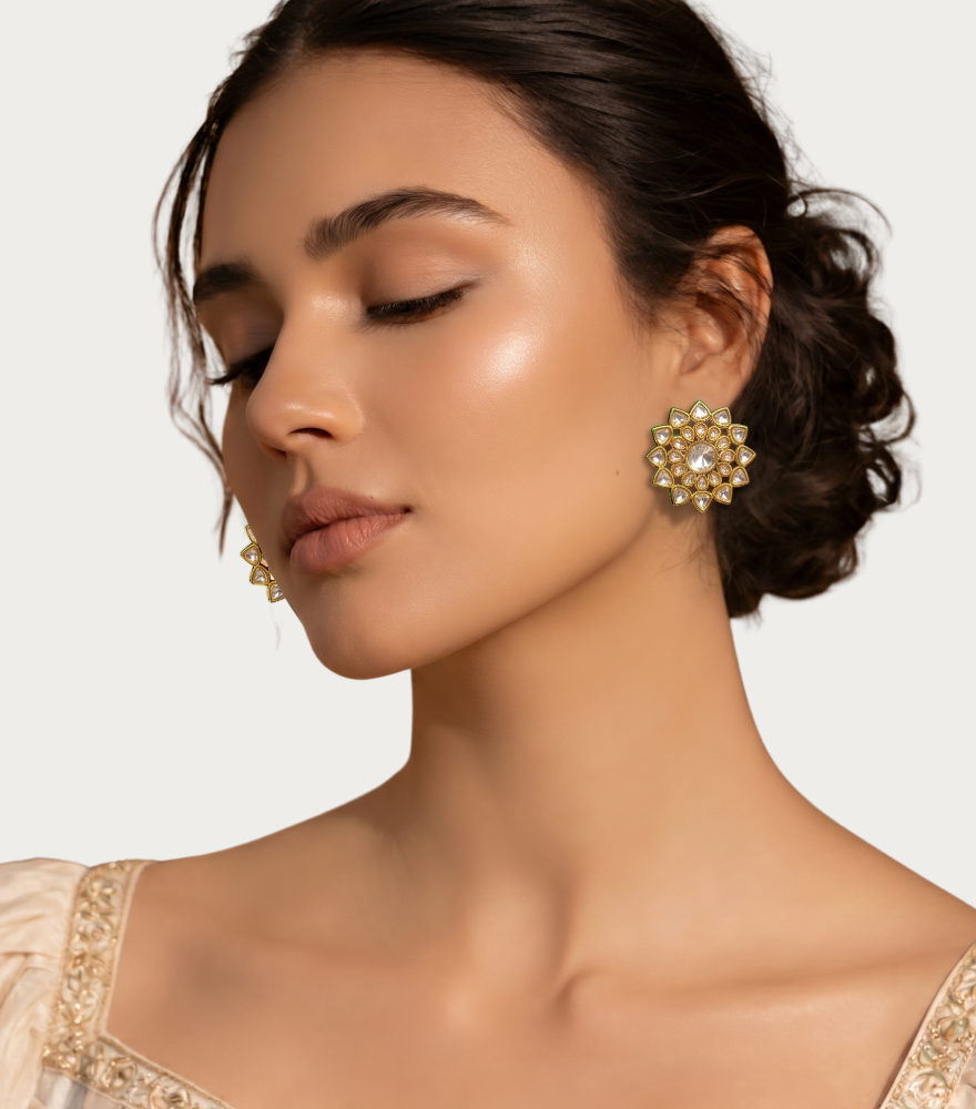Model Wearing Rani Stud Earrings in 18k Gold Jewelry for Pierced Ears Yellow with Hallmark Stamp Metal One Size 21.9gms